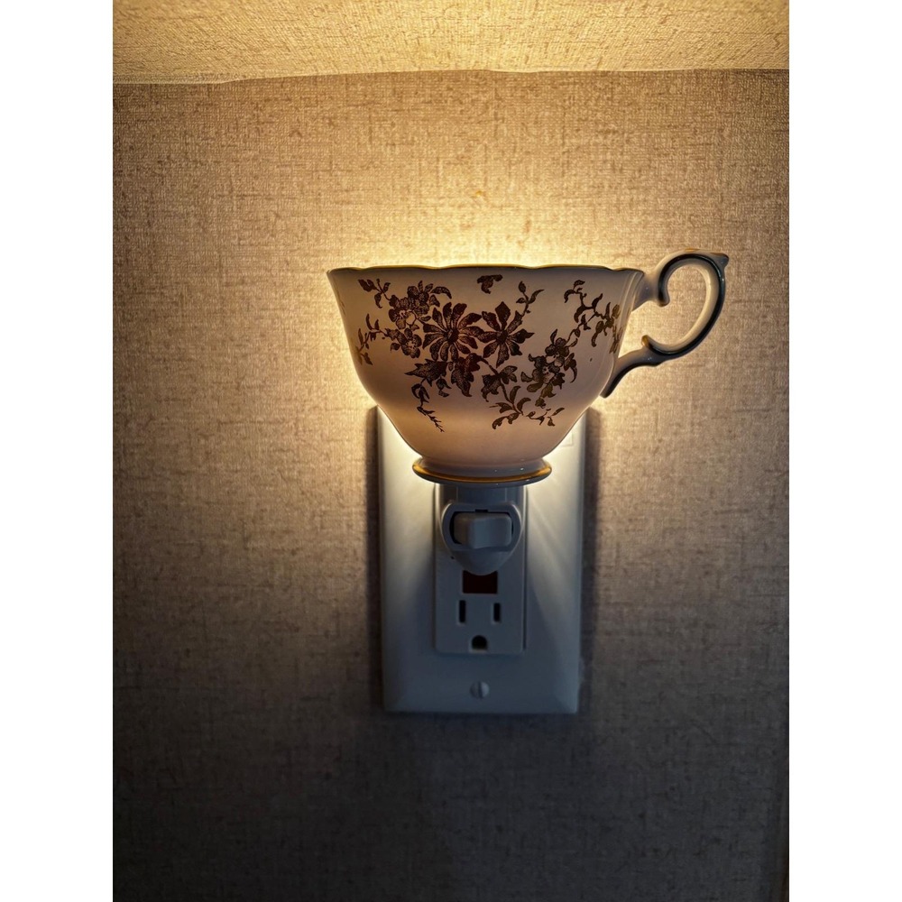 Vintage Teacup Night Light Gold Floral Upcycled China Cottagecore Plug-in Lamp